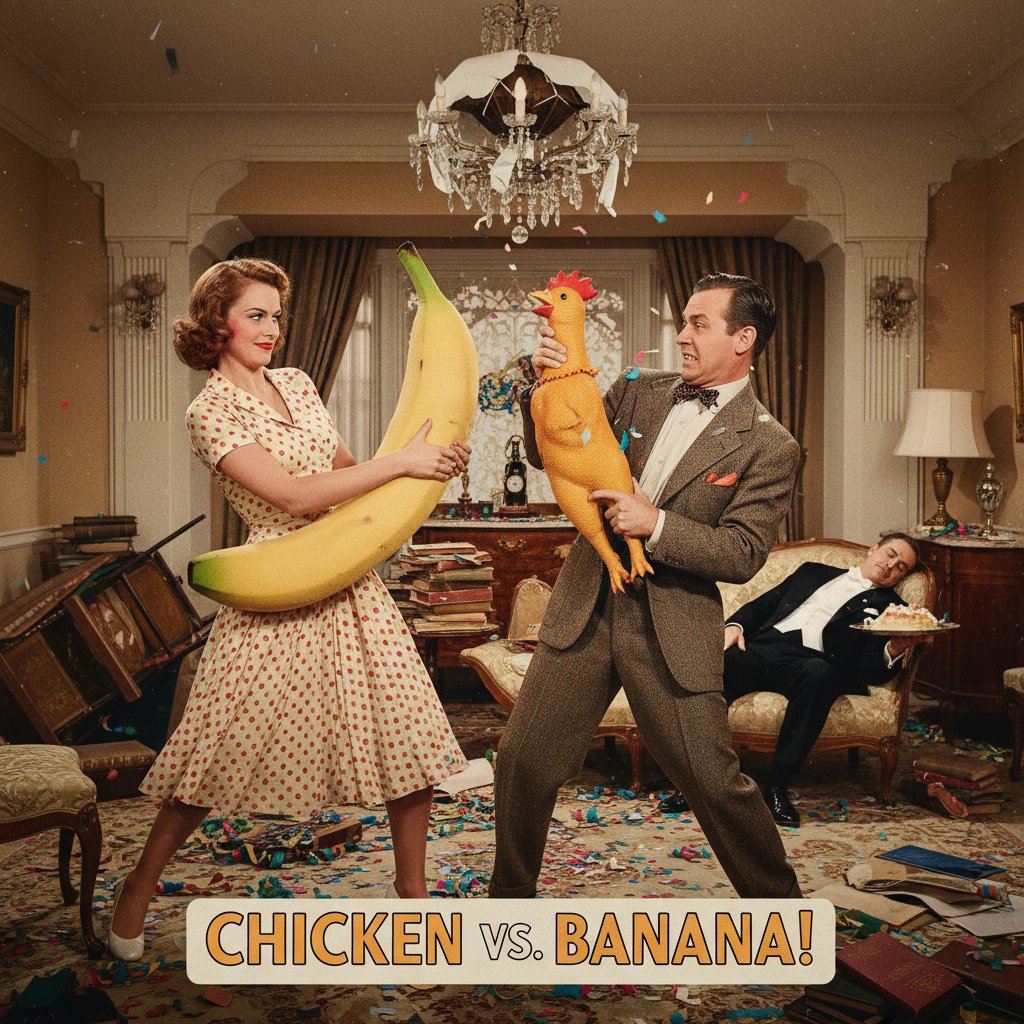 Edgy symbolic illustration: woman and man facing off with comedic props, provocative playful mood