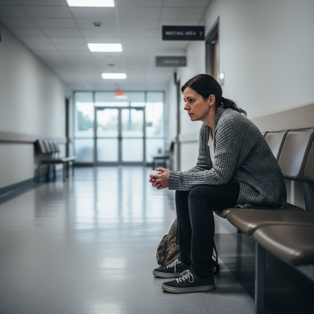 Pacjent czekający w kolejce do poradni okulistycznej – symbol systemowych barier w leczeniu jaskry