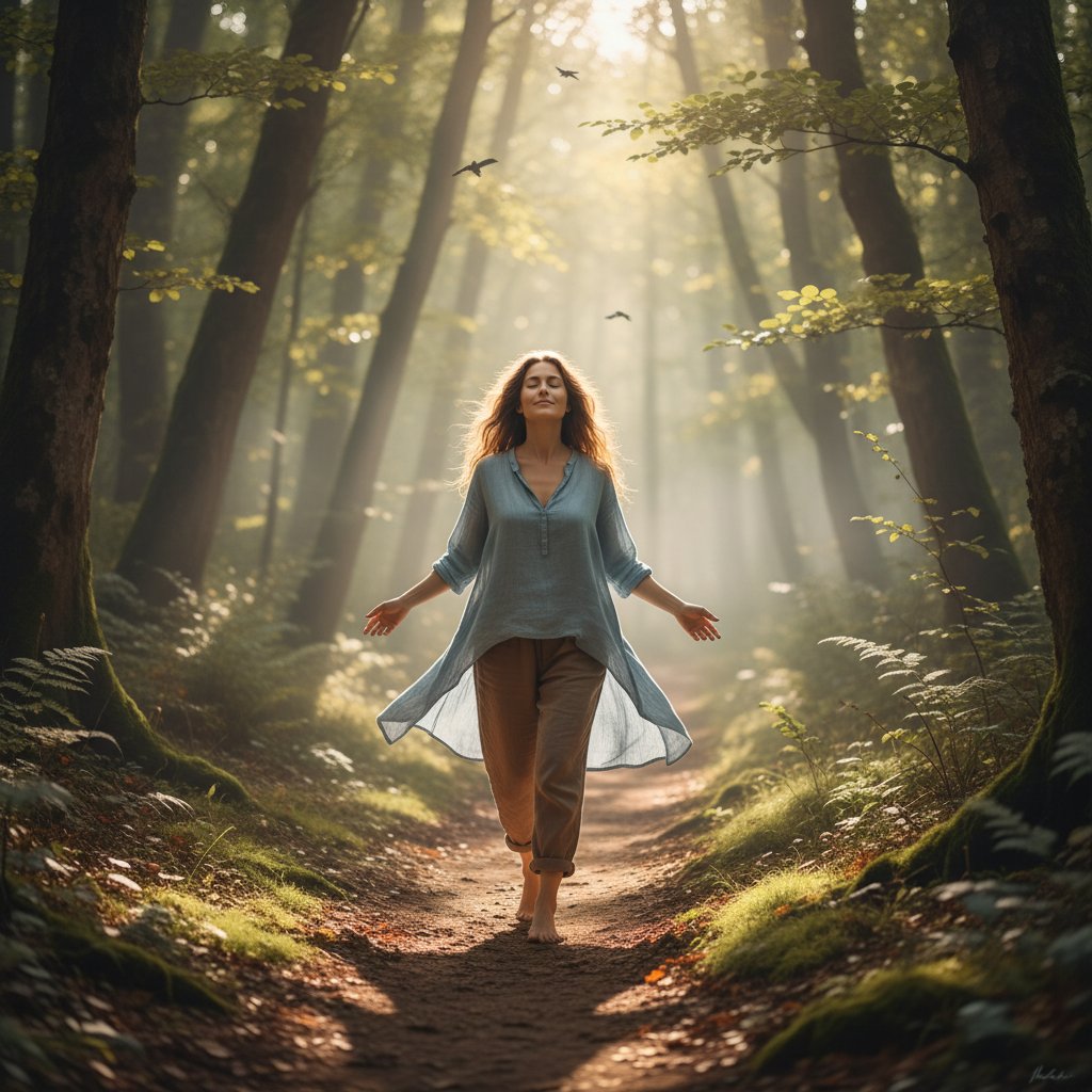 Kobieta spacerująca samotnie po lesie, zrelaksowana i spokojna po cyfrowym detoksie