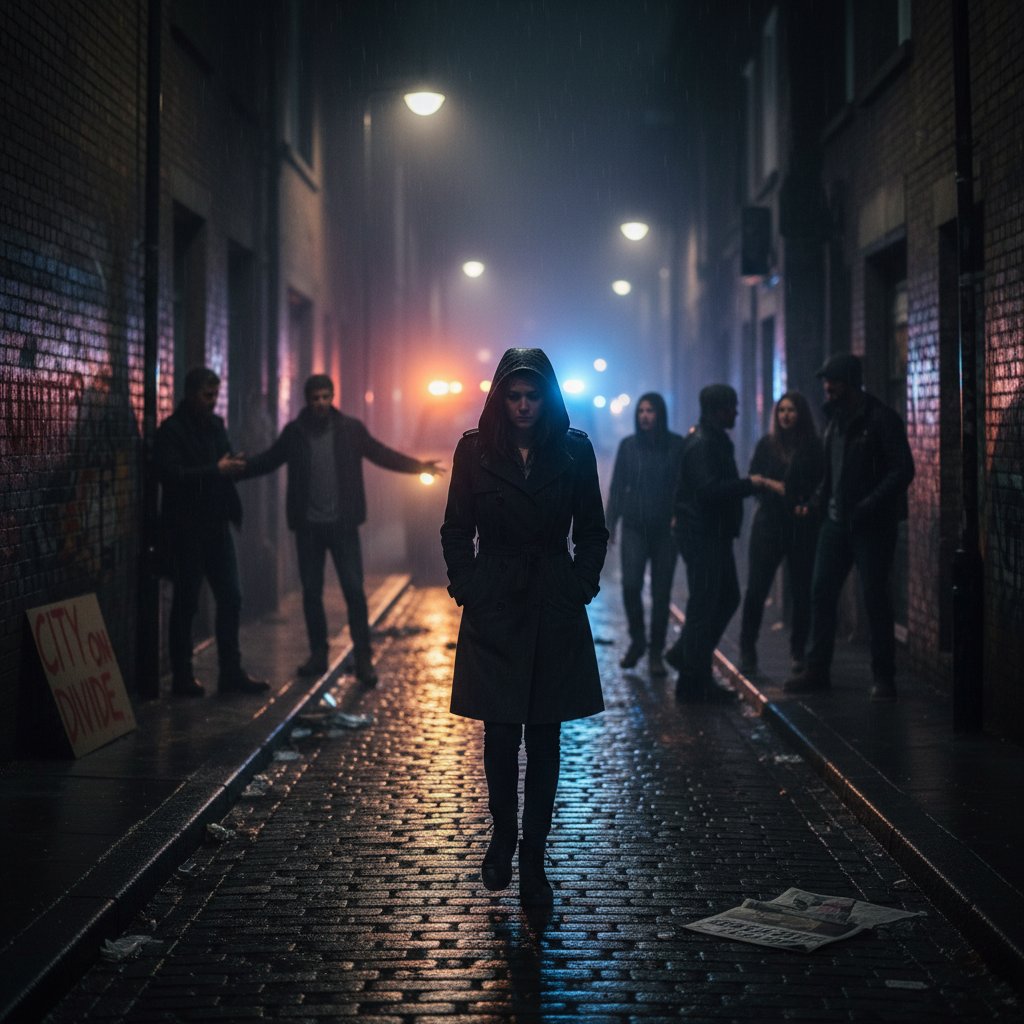 Zdjęcie kobiety samotnie idącej nocą ulicą, silne kontrasty, twarz w cieniu, sugerująca społeczne napięcie wokół victim blaming