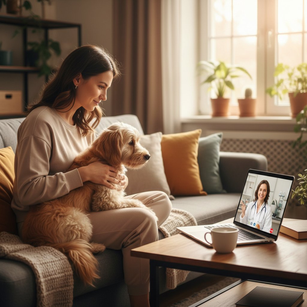 Szczęśliwa właścicielka rozmawiająca przez wideo z weterynarzem, pies w objęciach, domowy komfort