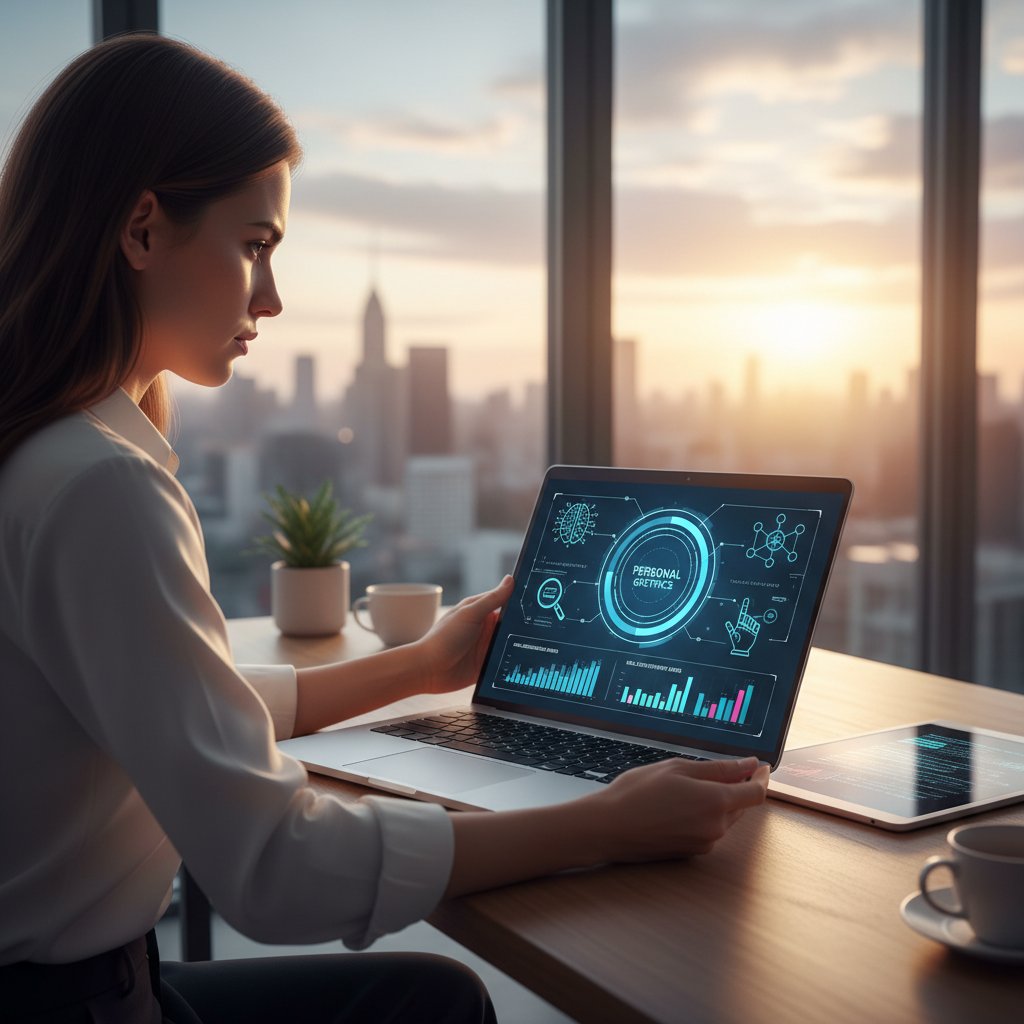 Kobieta z laptopem, analizująca postępy rozwoju osobistego, ekran z wykresem i ikonami AI, jasne światło, atmosfera skupienia i motywacji