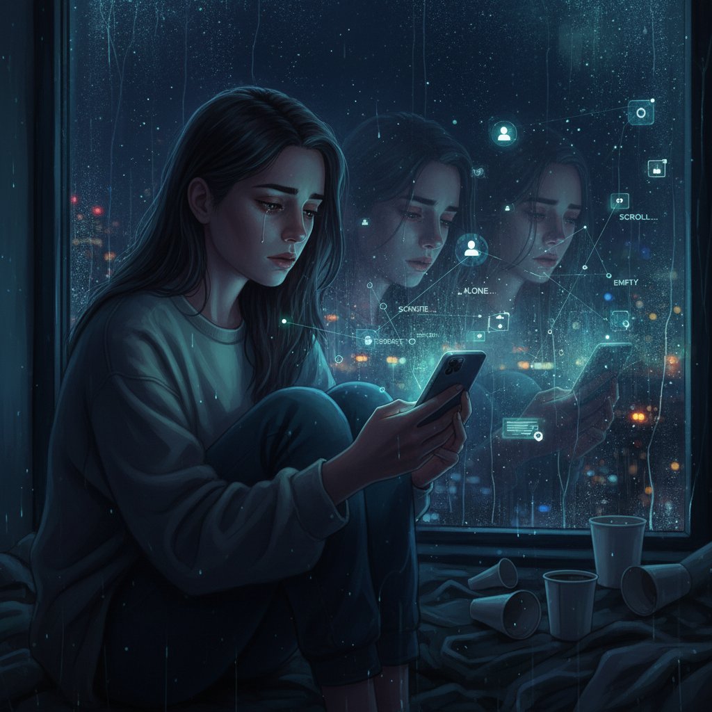 Kobieta z telefonem, zamyślona twarz odbijająca się w oknie nocą – symbol cyfrowej samotności i poszukiwania pomocy