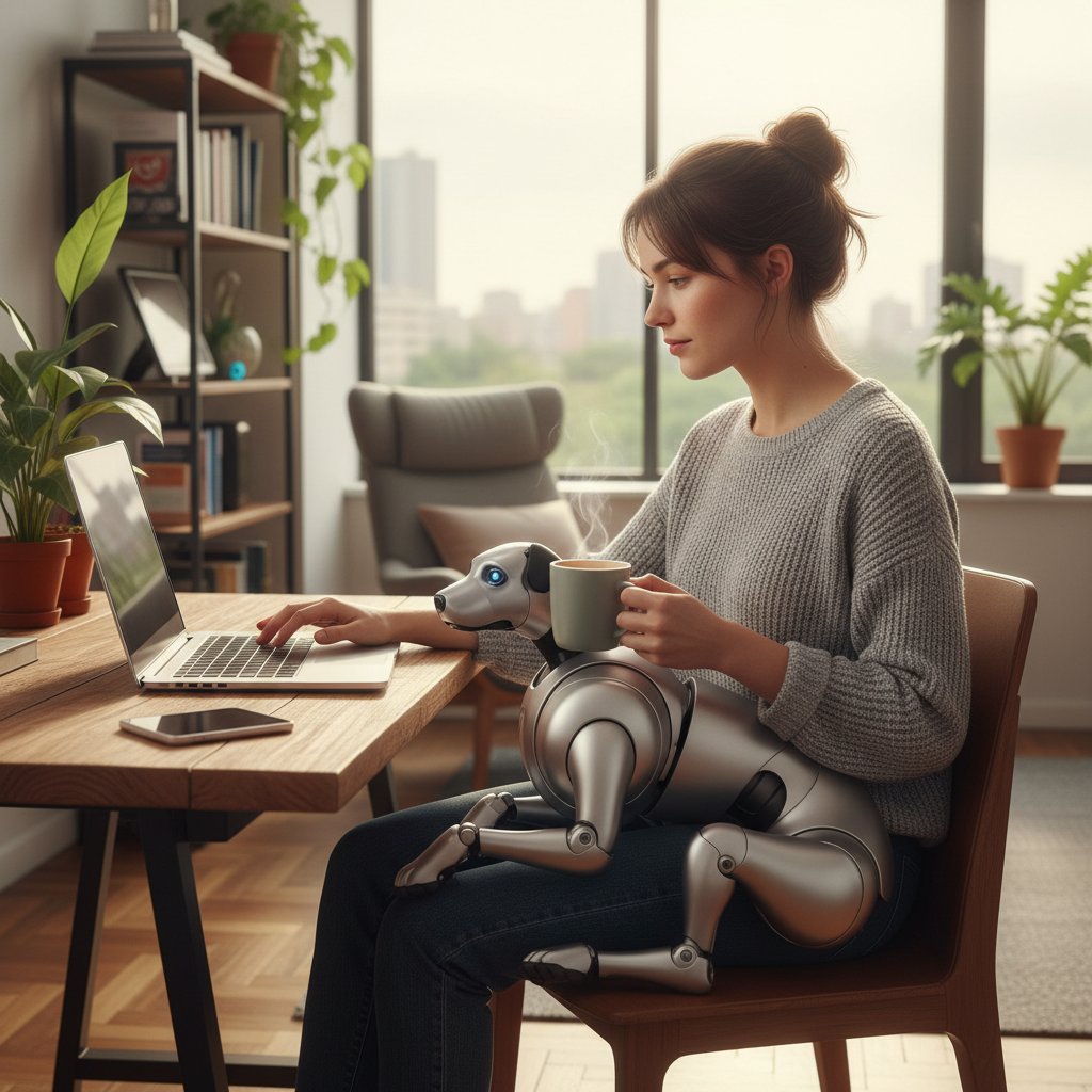 Kobieta pracuje przy laptopie, obok wyświetlony piesek AI na ekranie – ulga i wsparcie