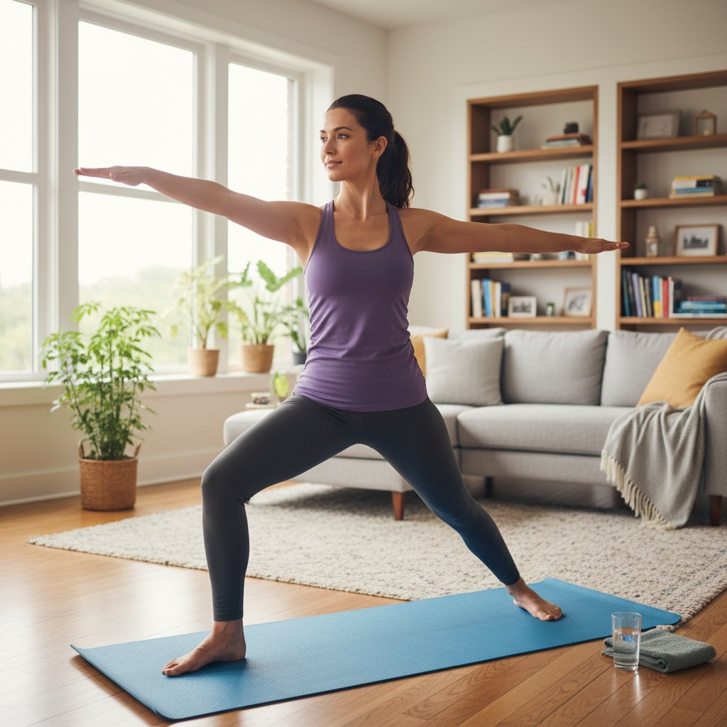 Kobieta ćwicząca na macie w domu, jasne wnętrze, skupienie
