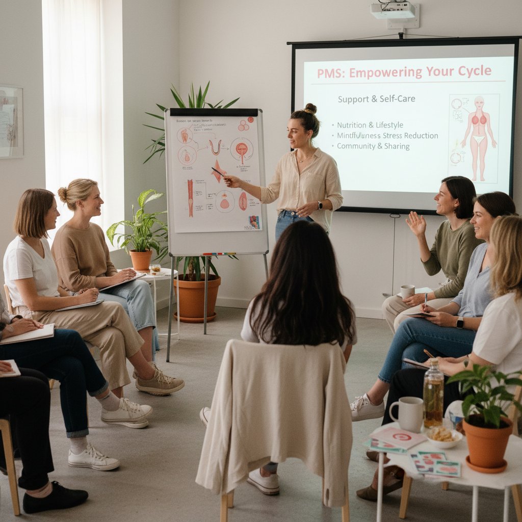 Kobieta prowadząca warsztaty edukacyjne dla innych kobiet, wsparcie społeczne w PMS