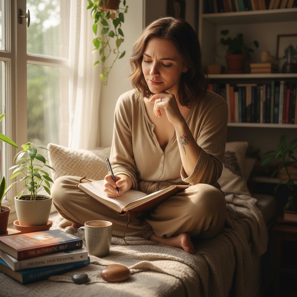 Doświadczona kobieta pisząca w dzienniku, autentyczność, praca nad emocjami