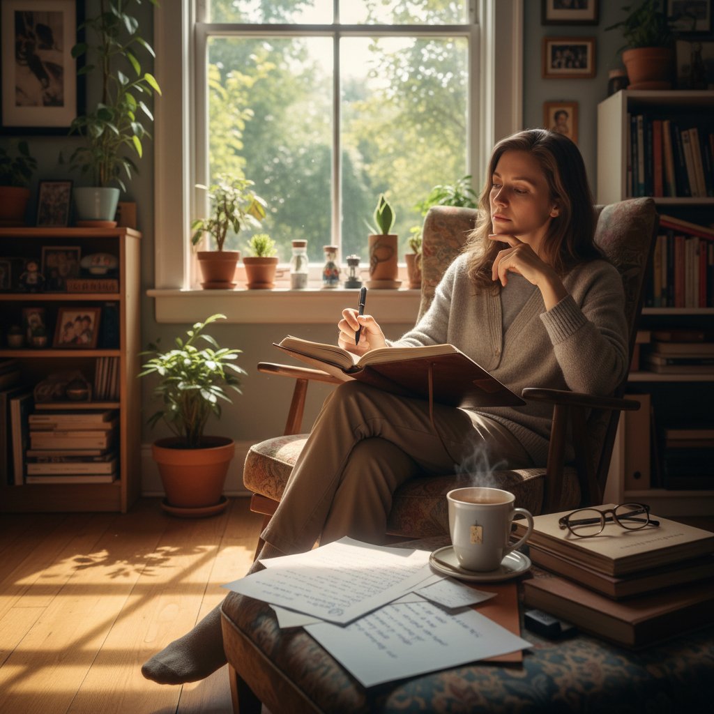 Kobieta pisząca dziennik przy stole, zamyślona – autoanaliza, zmiana myślenia