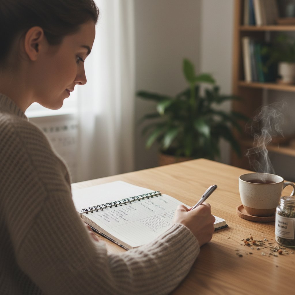 Kobieta notująca swoje objawy w notesie, trzymając kubek herbaty