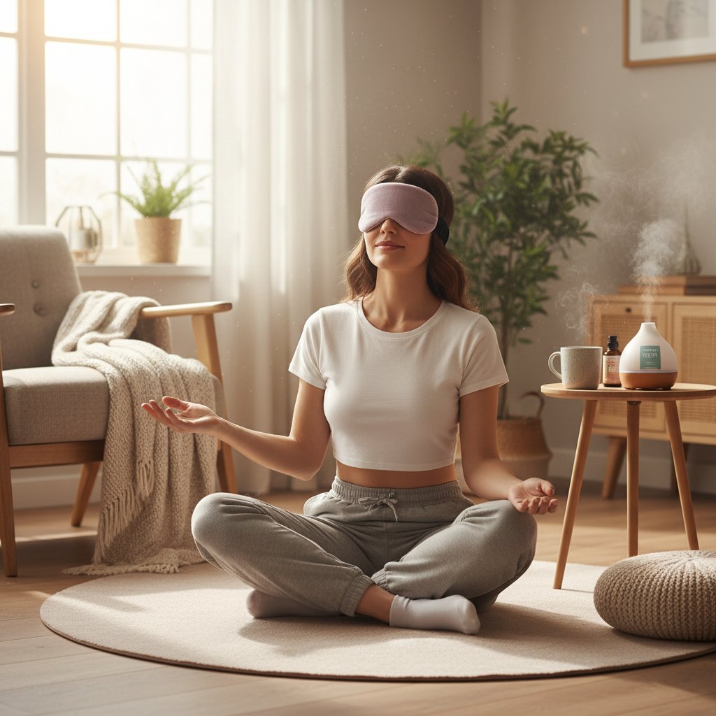 Kobieta uprawiająca jogę w domowym salonie, relaks i łagodzenie PMS