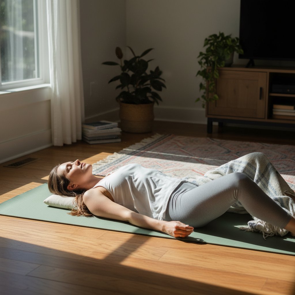 Kobieta wykonująca ćwiczenia relaksacyjne na macie w jasnym domowym wnętrzu