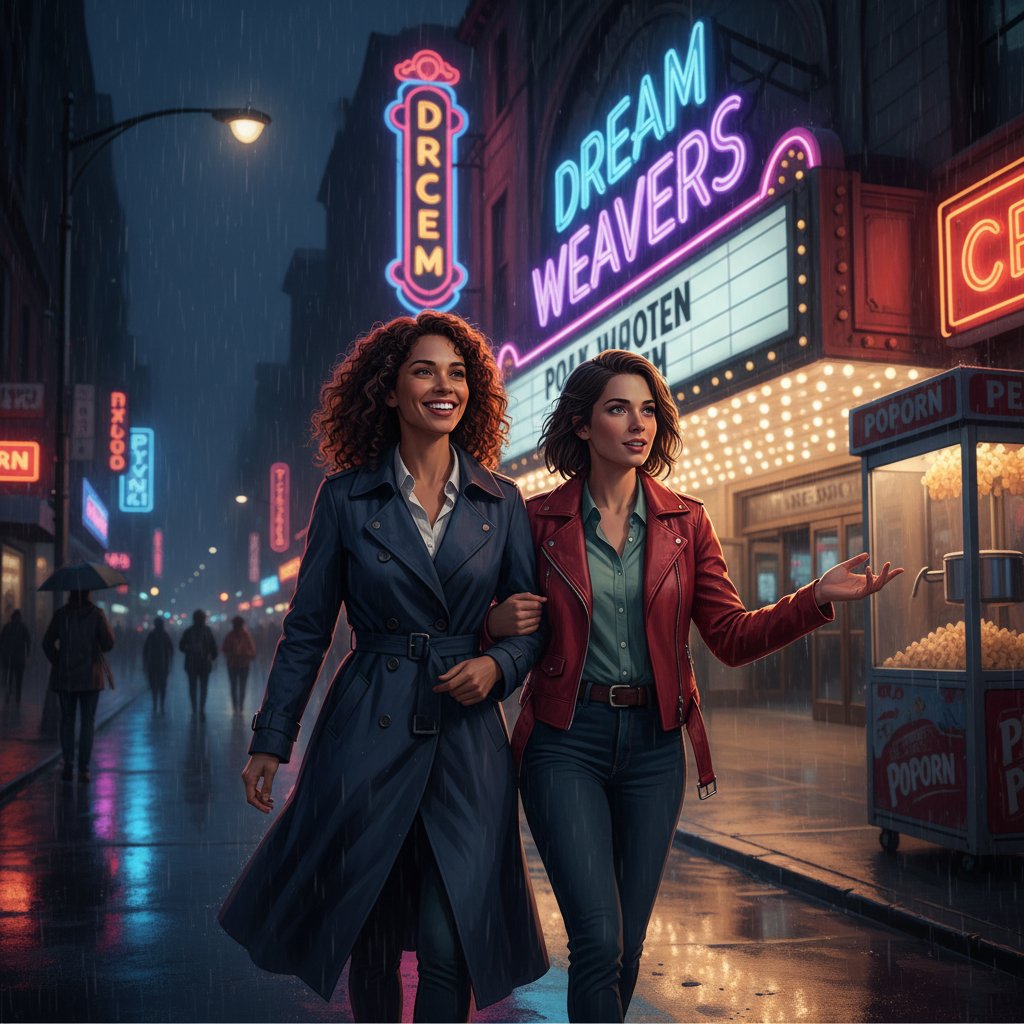 Group of women entering cinema under neon lights, ready for a new sisterhood movie experience