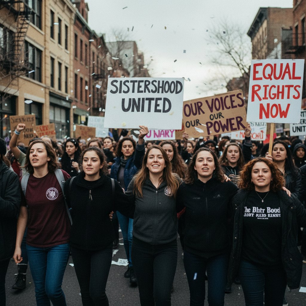 Women at protest holding signs inspired by sisterhood movies