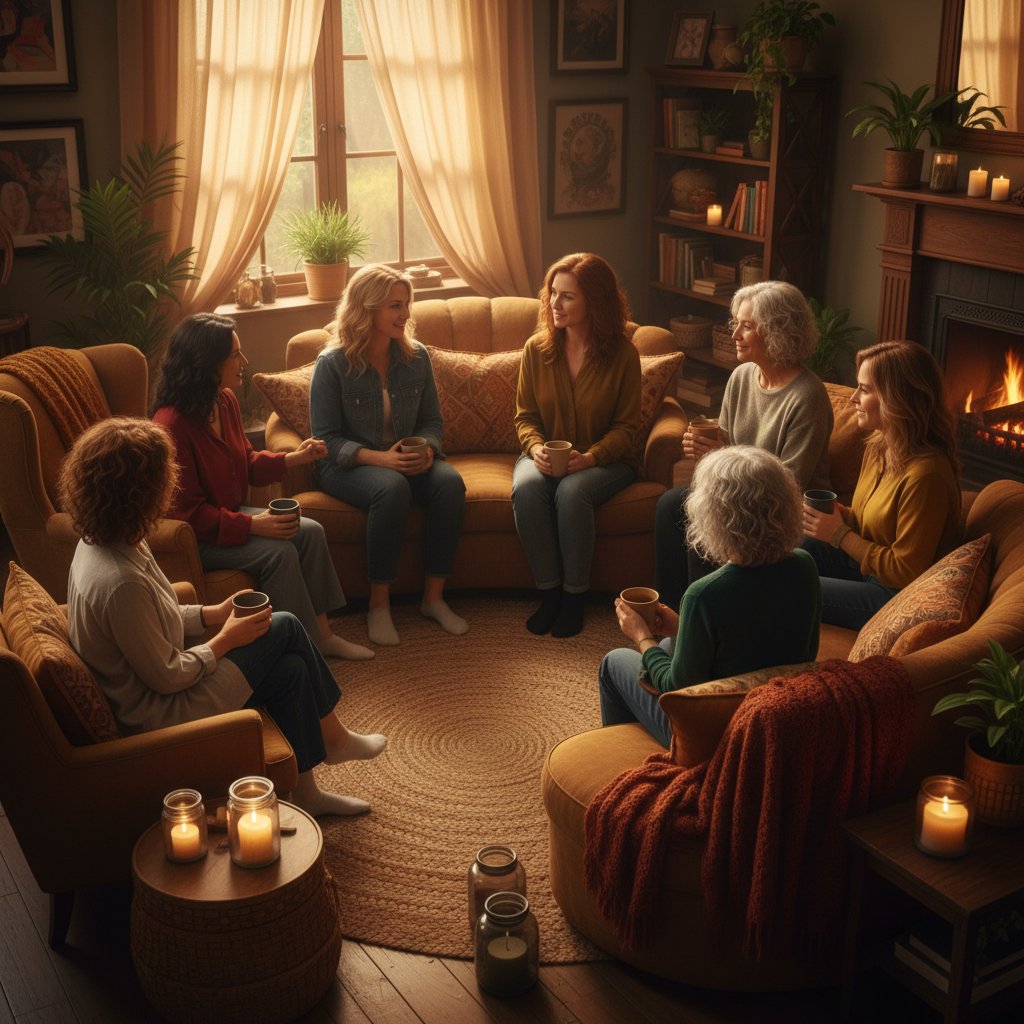 Grupa wsparcia kobiet po menopauzie, ciepła atmosfera, rozmowa o zdrowiu