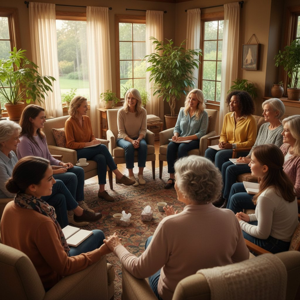 Grupa kobiet różnych pokoleń podczas spotkania wsparcia
