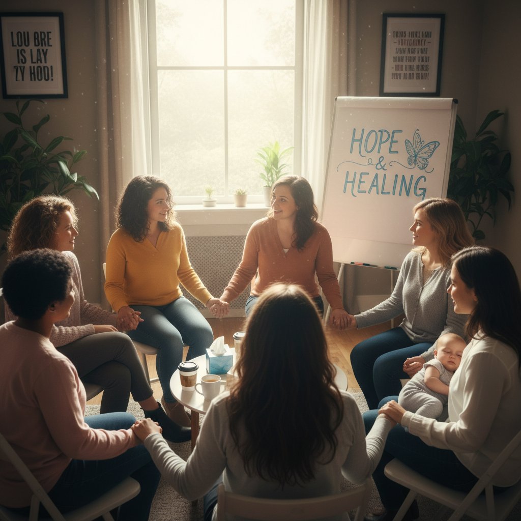 Grupa kobiet śmiejących się podczas spotkania wsparcia – symbol odzyskiwania nadziei po depresji poporodowej