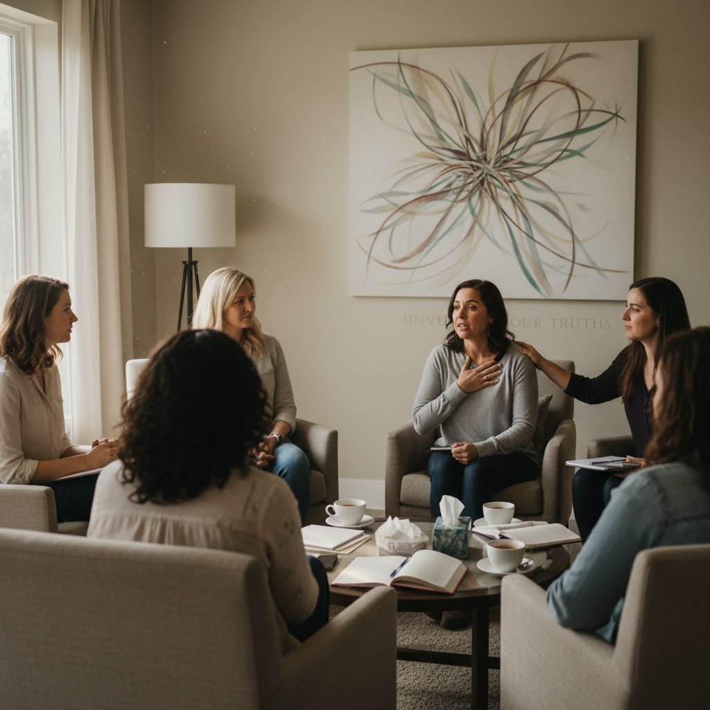 Zdjęcie grupy kobiet rozmawiających na spotkaniu wsparcia, pokazujące przełamywanie tabu wokół CIN
