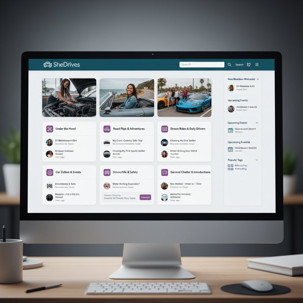Women engaged in lively discussion on a digital car community forum, reflecting modern women car community dynamics