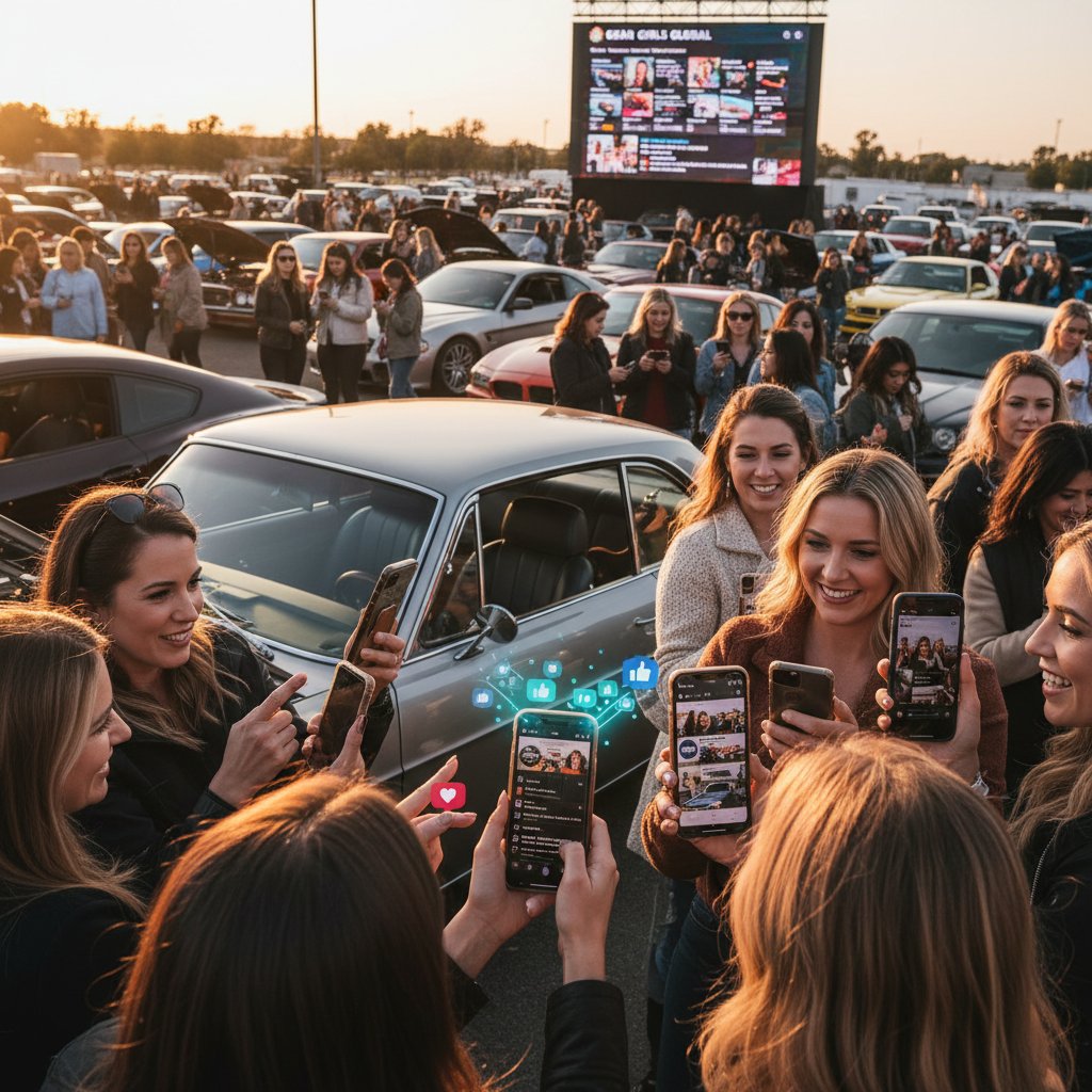 Stylized screenshot of a women’s car forum on a smartphone, emphasizing digital safety and engagement in women car community