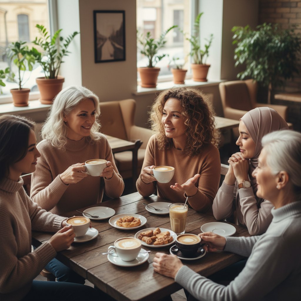 Kobiety w różnym wieku i z różnych środowisk rozmawiające przy kawie, prawdziwe historie menopauzy