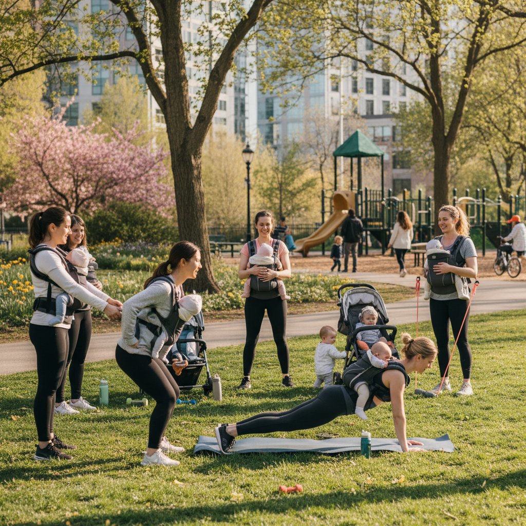 Kobiety w różnym wieku ćwiczące razem w parku – wsparcie społeczne w powrocie do formy po ciąży
