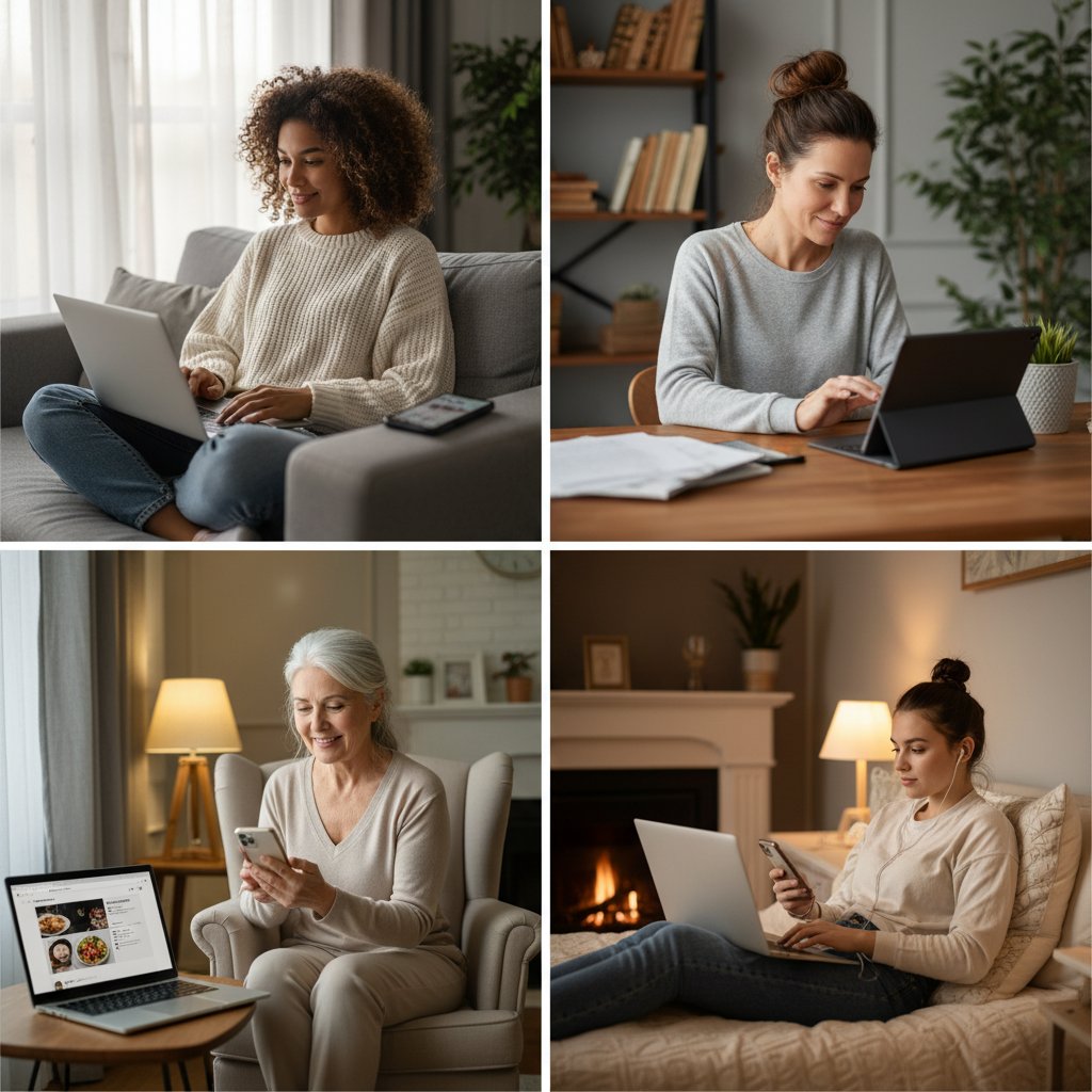 Portrety trzech kobiet w różnym wieku, każda przy laptopie lub smartfonie, w domowym otoczeniu