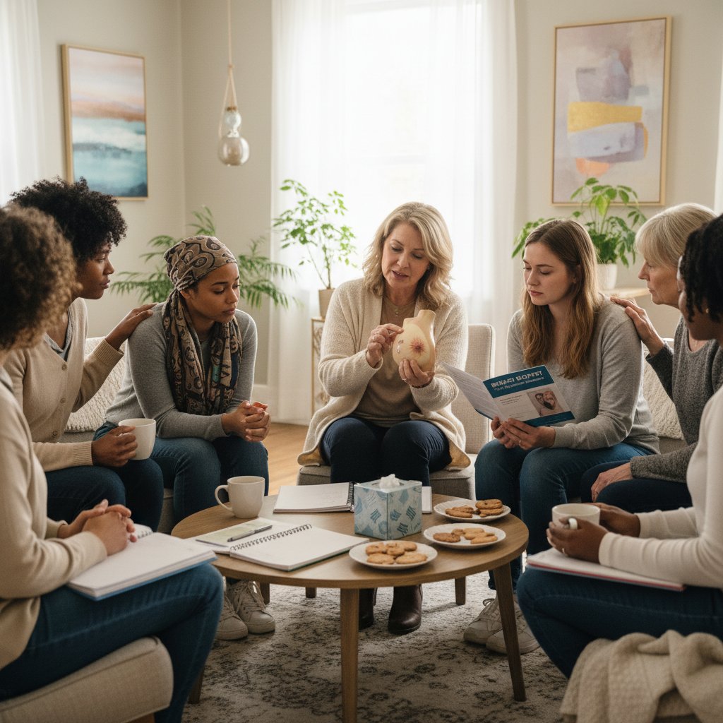 Grupa wsparcia kobiet po biopsji piersi, wspólna rozmowa, ciepła atmosfera