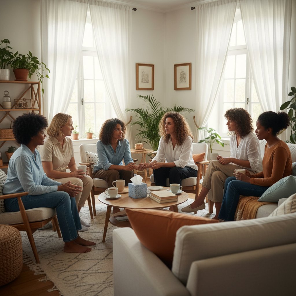 Grupa kobiet rozmawiających, wsparcie wzajemne, ciepła atmosfera, jasne wnętrze
