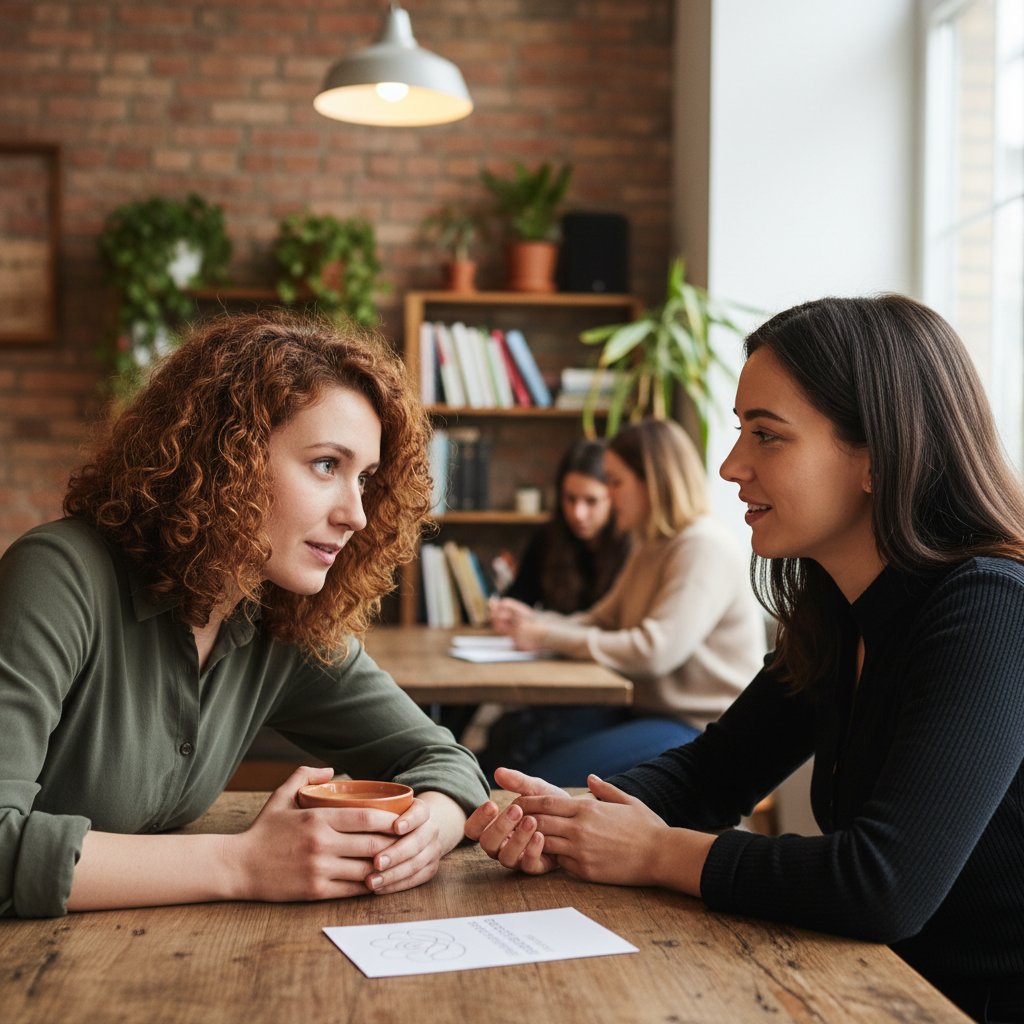 Kobieta rozmawiająca z przyjaciółką w kawiarni – rozmowa bez tabu o zdrowiu intymnym