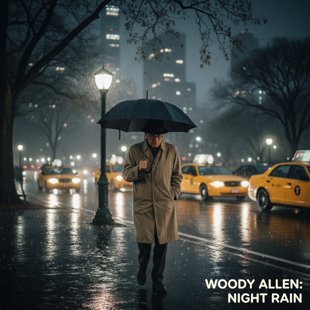 Rain-soaked Central Park at night with vintage taxis, New York scenery in Woody Allen movies