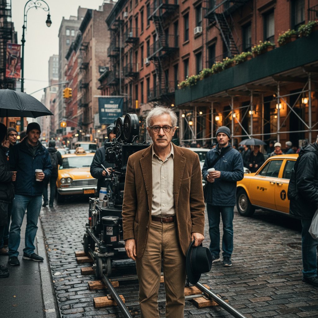 Indie filmmakers on urban set, inspired by Woody Allen’s cinematic style