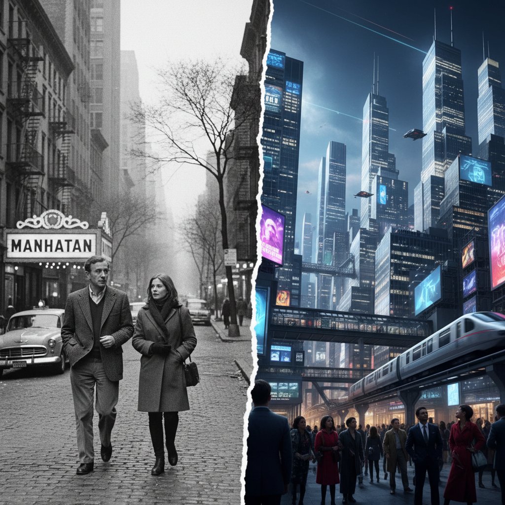 Split-screen of vintage and modern New York as seen in Woody Allen’s movies