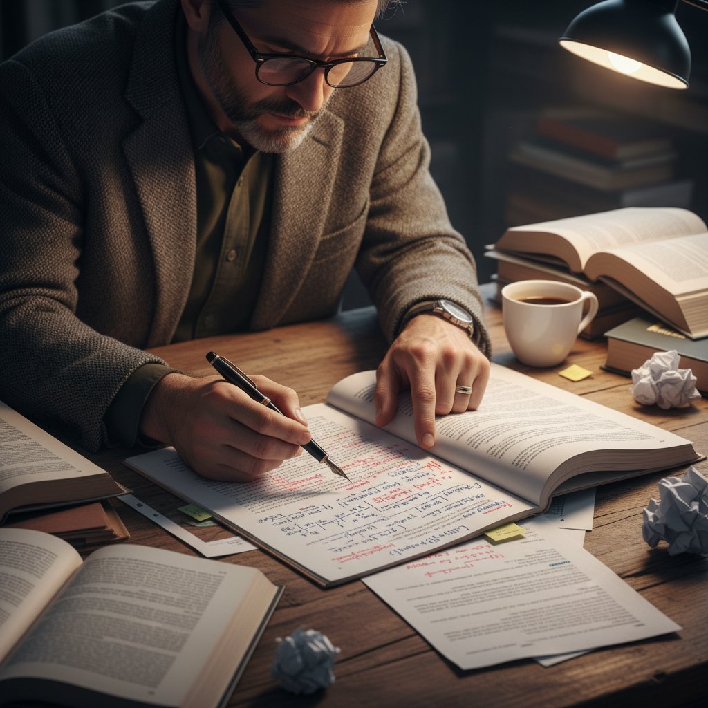 Close-up of a hand writing 'Work in progress' on a manuscript surrounded by post-it notes; Alt text: Dynamic, evolving nature of scholarly rigor