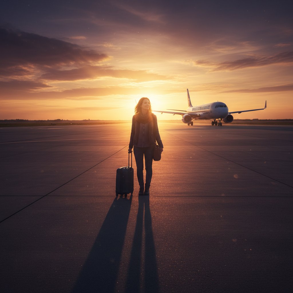 Lone traveler watching sunrise over airport runway, workation flights, reflective, hopeful mood, high contrast