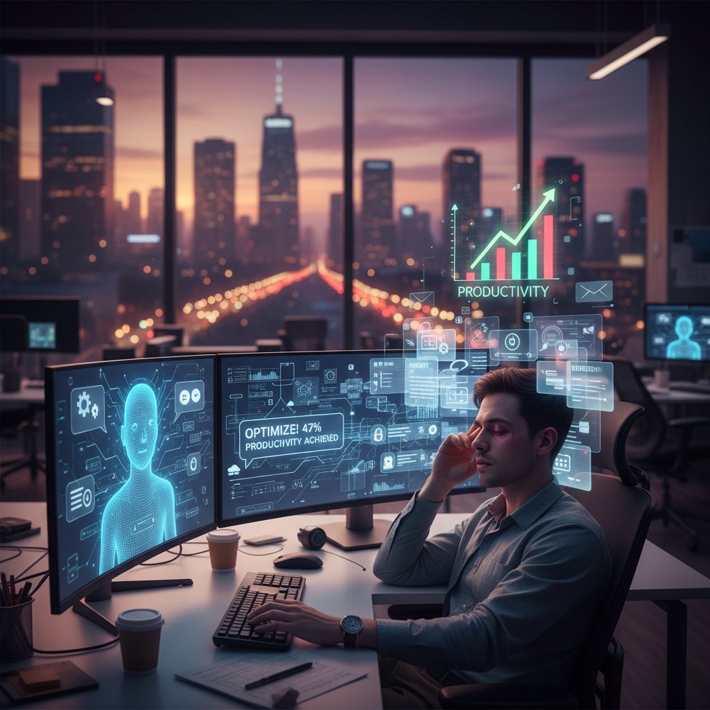 Worker surrounded by endless chatbot notifications, looking exhausted at a cluttered urban office desk