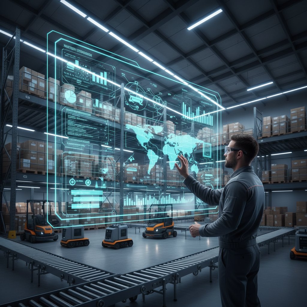 Pracownik śledzący dane AI na ekranie w centrum logistycznym, światła ekranów, nowoczesne otoczenie