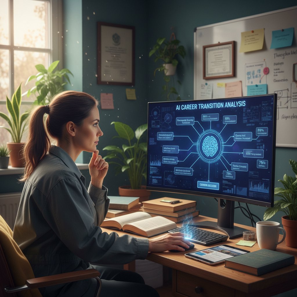Osoba analizująca swój zawód na tle ekranu z danymi AI – decyzja o przekwalifikowaniu