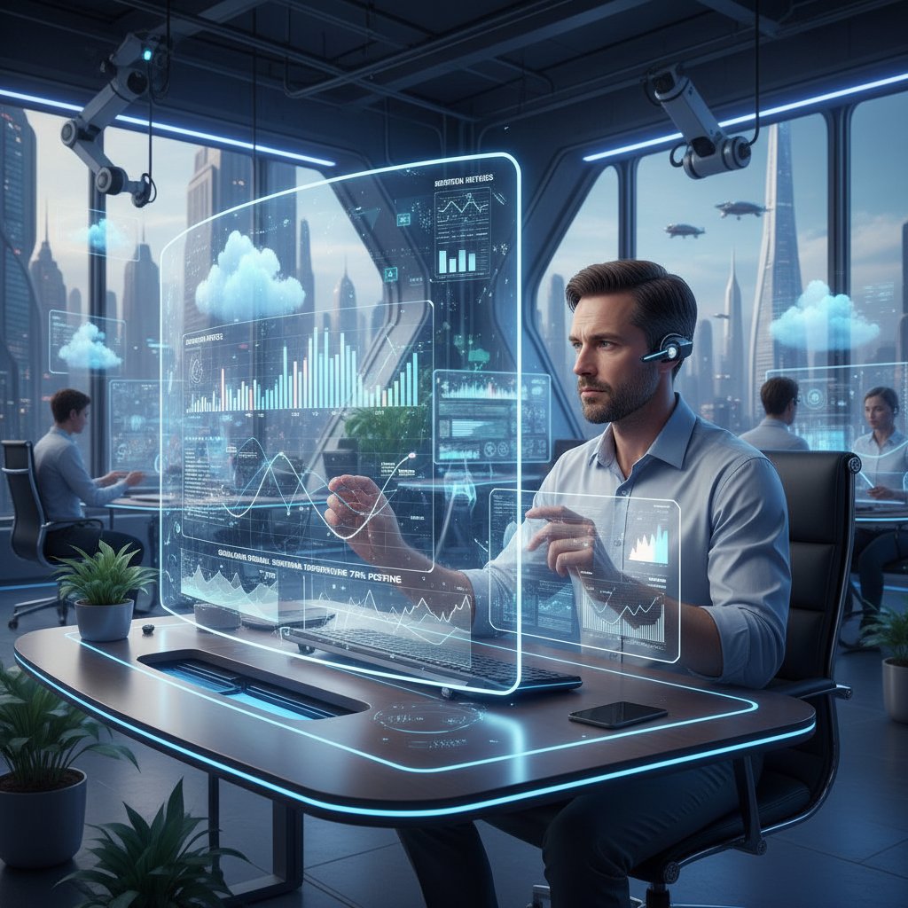 Pracownik analizujący wykresy emocji na ekranie w nowoczesnym biurze