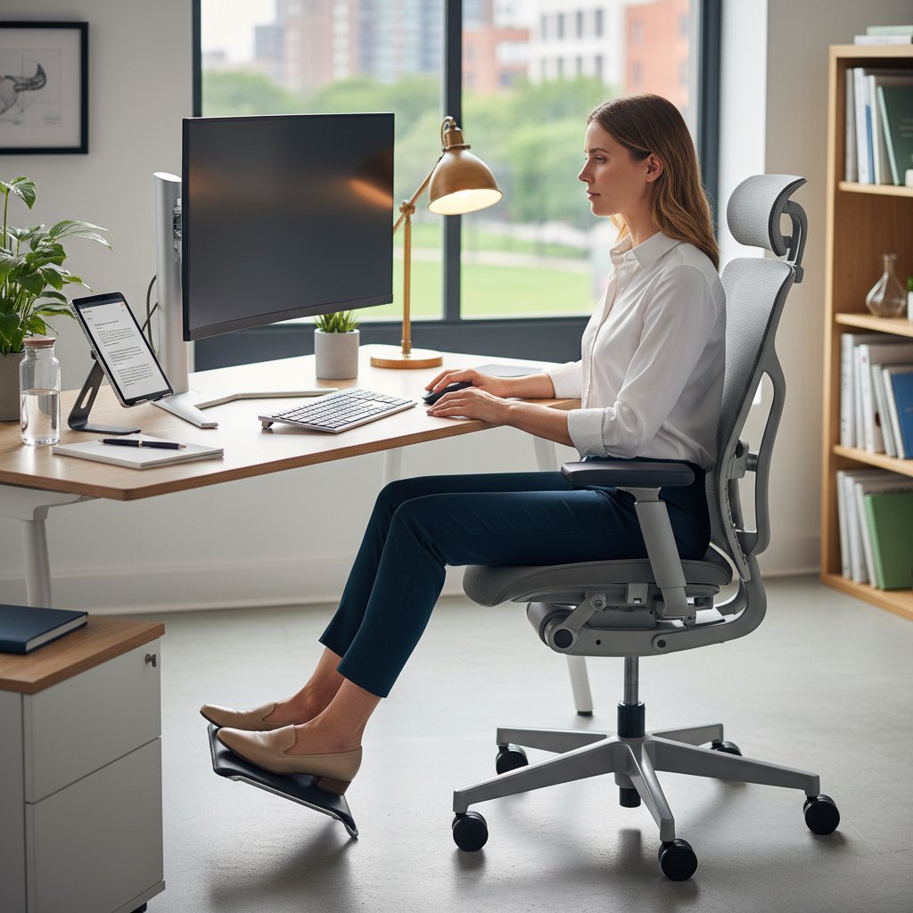 Pracownik analizujący swoje stanowisko pracy z checklistą w ręku, zdjęcie biurka, kartka z notatkami