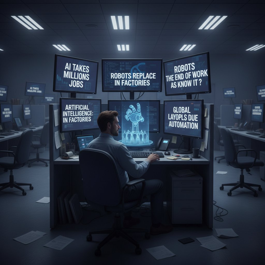 Pracownik czytający nagłówki o zagrożeniach AI – presja medialna i dezinformacja