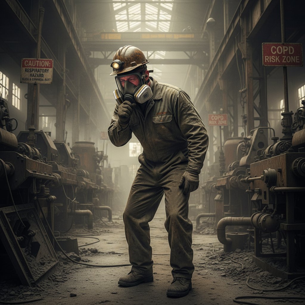 Zdjęcie robotnika w masce ochronnej w przemysłowej okolicy – słowa kluczowe: ryzyko POChP, praca, zanieczyszczenie, ochrona dróg oddechowych