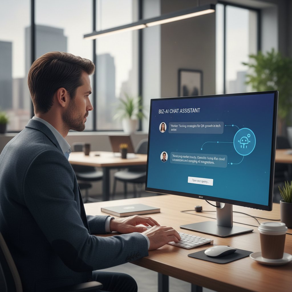 Pracownik na tle ekranu z rozmową AI – automatyzacja w praktyce B2B