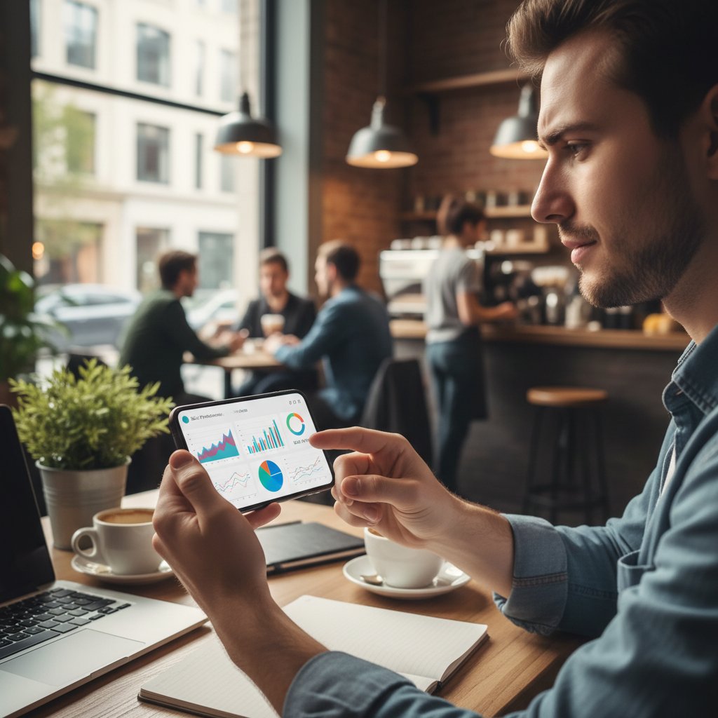 Pracownik korzystający z narzędzia analitycznego na smartfonie w kawiarni