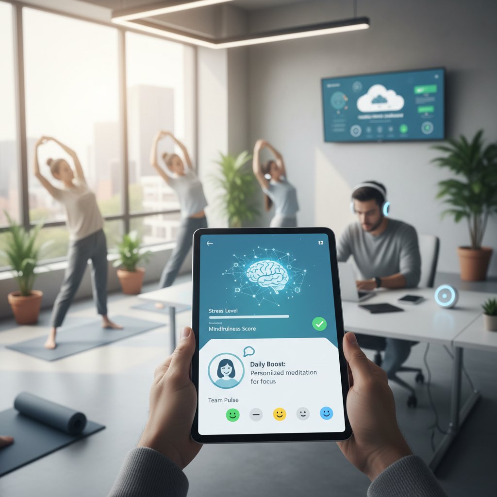 Pracownik biurowy spoglądający na pulpit z otwartą aplikacją AI, obok zrelaksowany kolega na kanapie