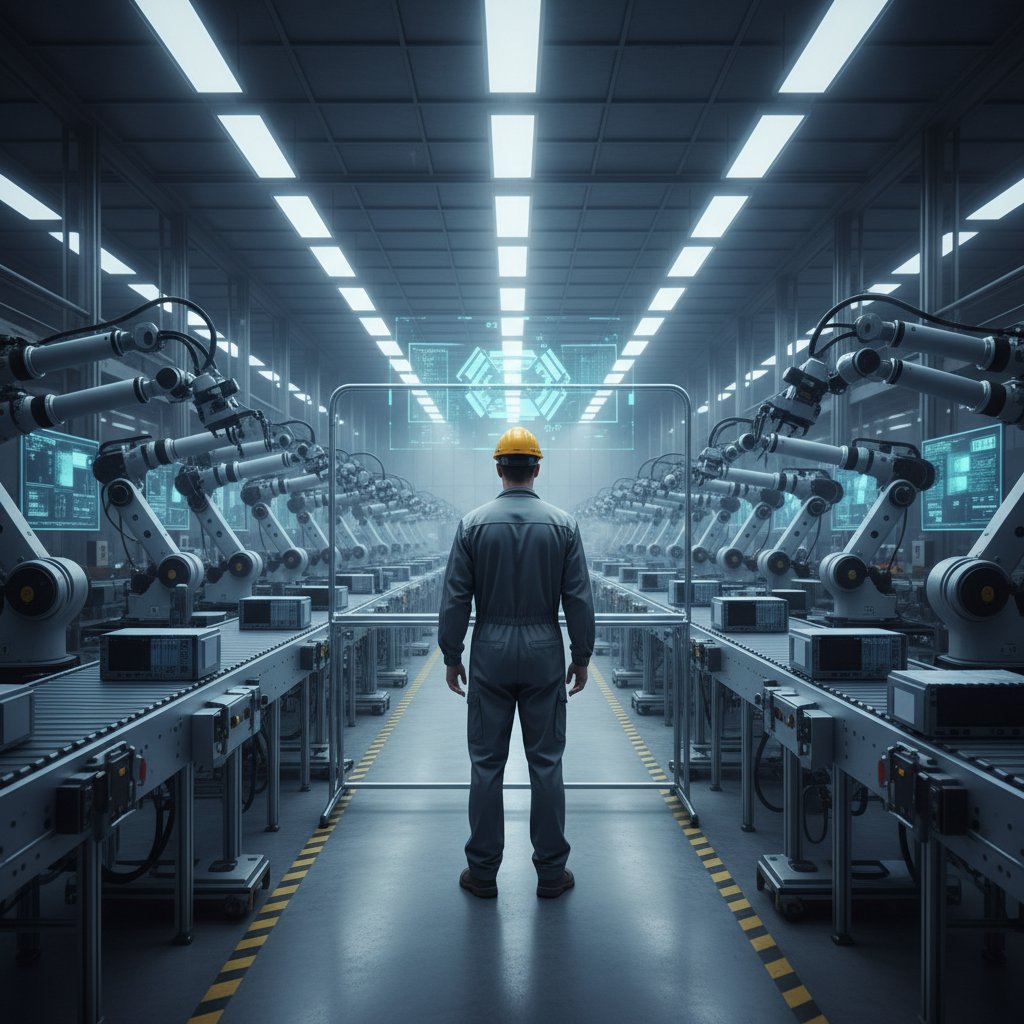 Samotny pracownik patrzący na linię produkcyjną obsługiwaną przez roboty, wyrażający alienację i niepewność