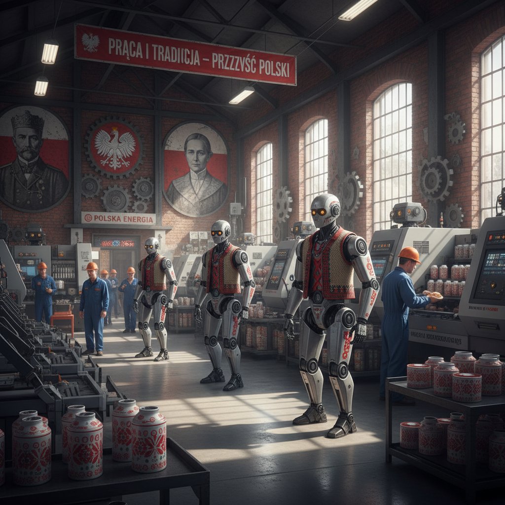 Pracownik i robot przy taśmie w polskiej fabryce – symbol technologicznej zmiany i polskiej kultury pracy