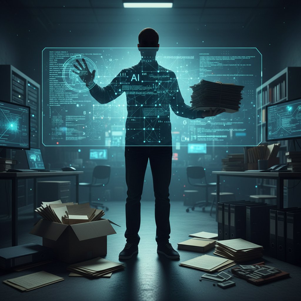 Sylwetka pracownika podzielona między kod AI a tradycyjne dokumenty