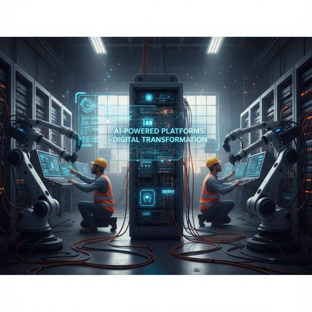 Workers upgrading analog systems to AI-powered platforms, digital transformation timeline in workplace