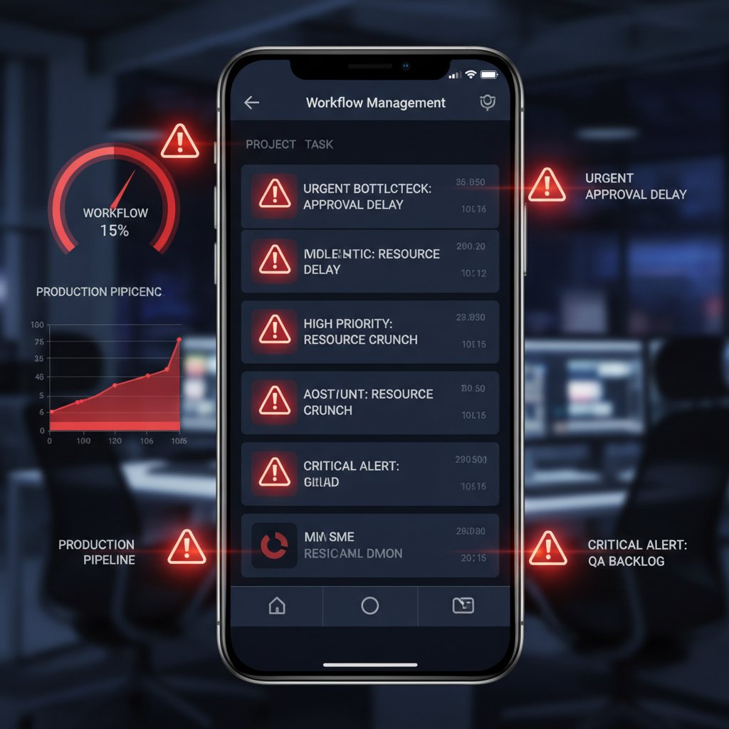 Infographic-style photo of a person staring at a digital dashboard with red warning icons indicating workflow bottlenecks