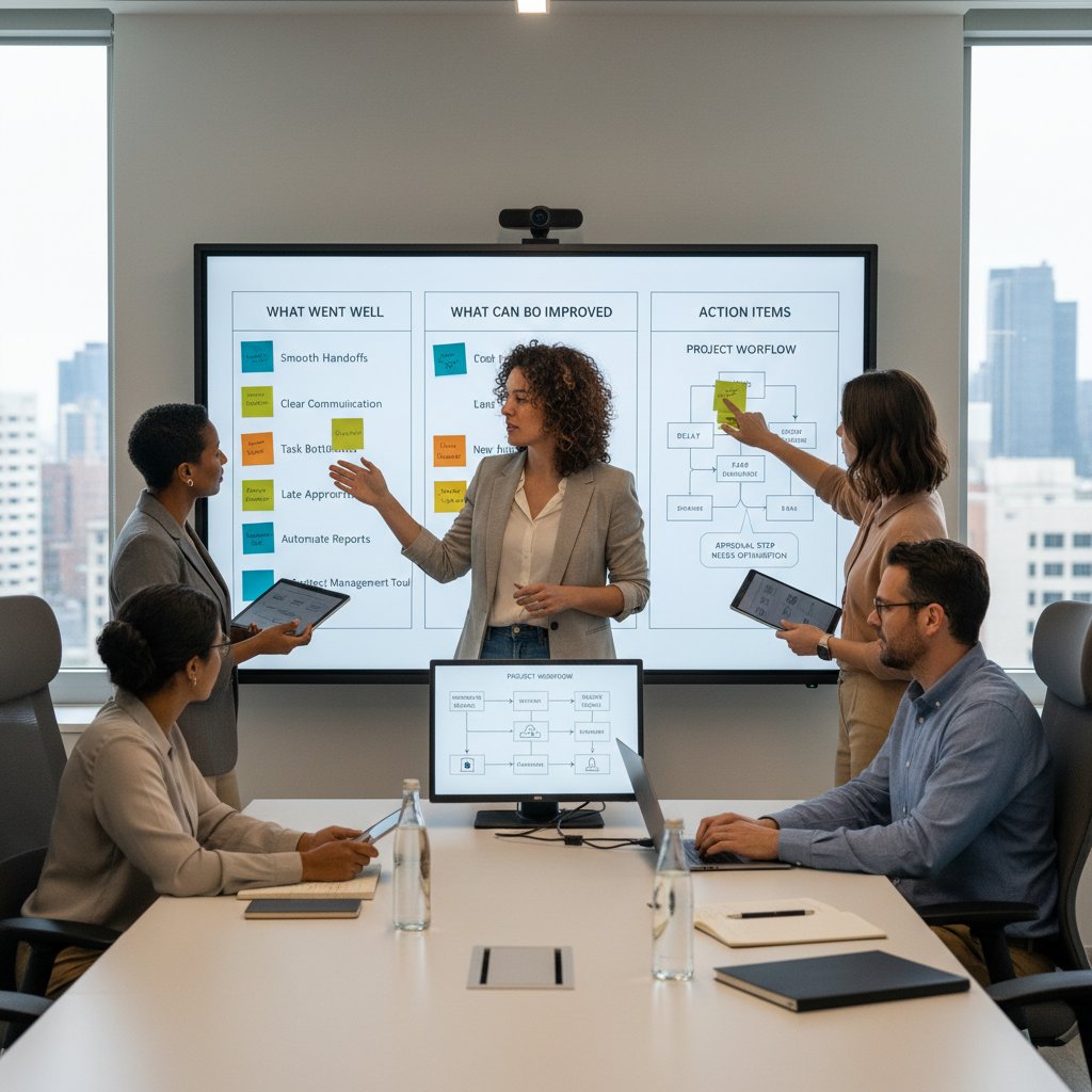 Workflow coordinator leading team retrospective, digital boards, embracing workflow feedback, digital workflow management